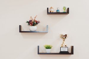 floating shelves holding plants and trophy