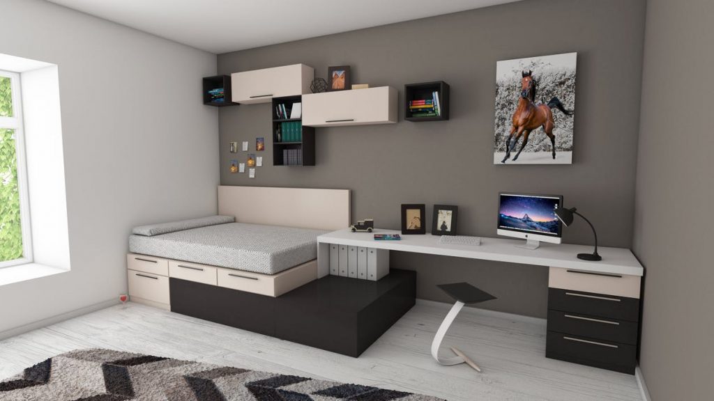 neatly organized room with floating shelves and bed frame with drawers